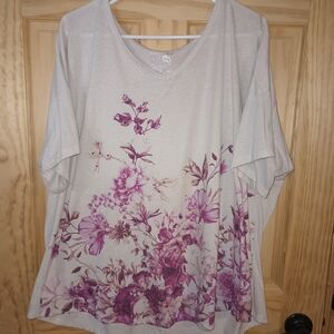 Terra & Sky Cream and Purple Floral Short Sleeve Top